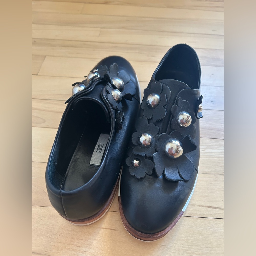 Miista: Blanche Black Floral Embellished Flats - Size 40 (US 9)